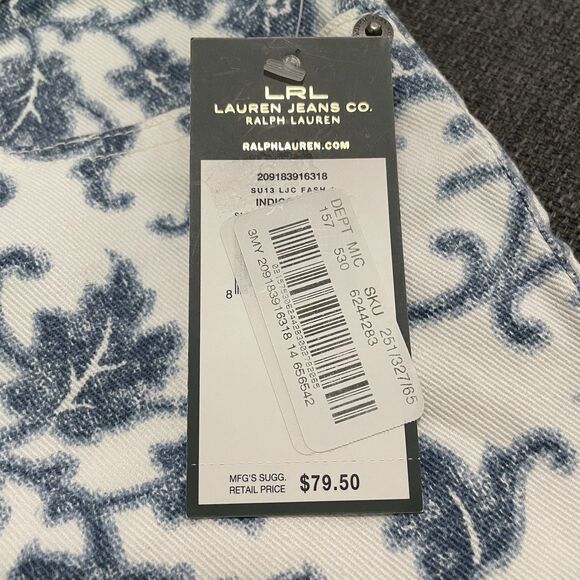 NEW LRL Lauren Jeans Co Ralph‎ White Denim Shorts Blue Floral Vine Sz 14 Vintage - Picture 8 of 9